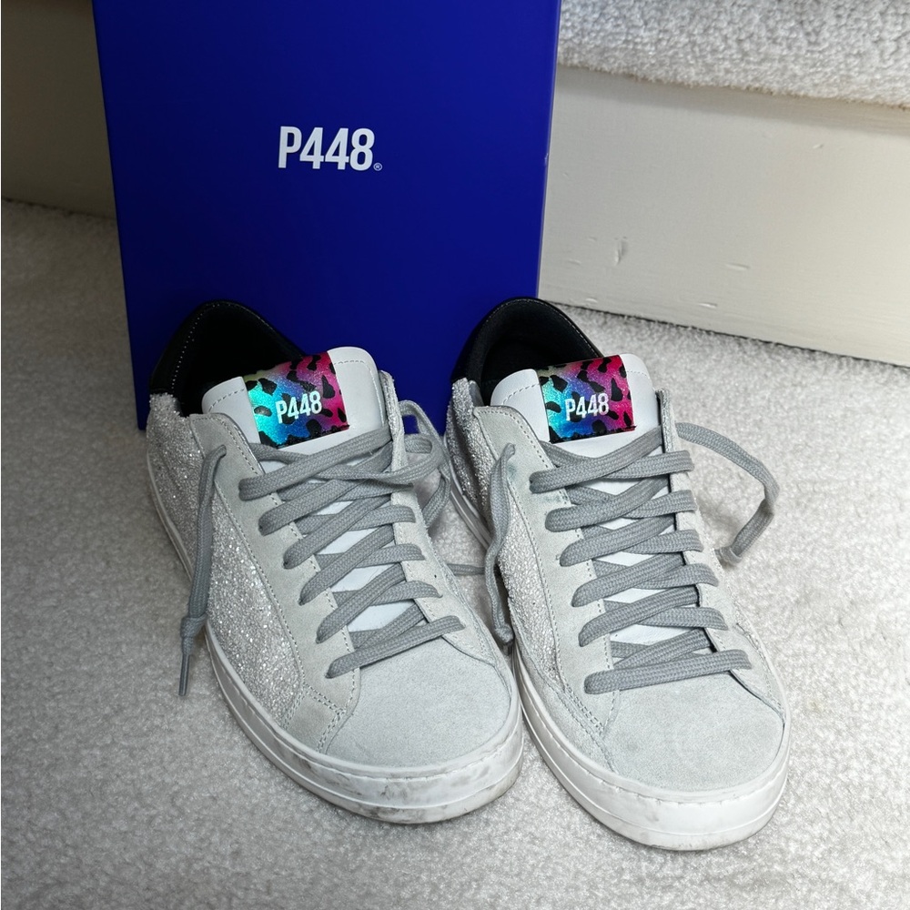 P448 John Sneakers. US Sz 7 (Italy Sz 37). Sparkly white & multi colored trim.